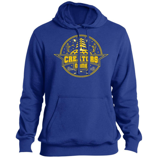 Blue hoodie with a gold lacrosse logo