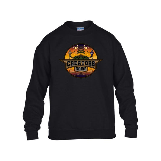 Kids fleece crewneck with Creators Game logo in orange, 50% cotton and 50% polyester, black color.