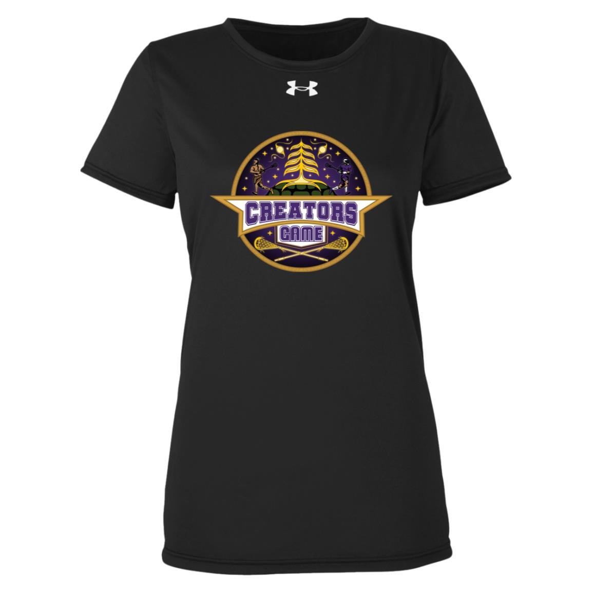 Creators Game Women's Purple Under Armour Team Tech Tee with logo and moisture-wicking fabric.