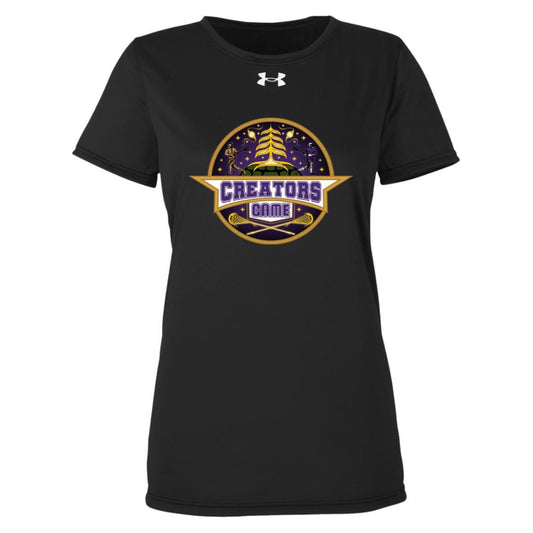 Creators Game Women's Purple Under Armour Team Tech Tee with logo and moisture-wicking fabric.