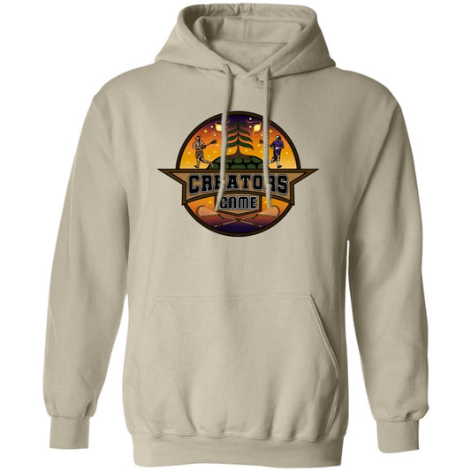 Creators Game Pullover Hoodie with colorful logo, unisex design, cotton-polyester blend.