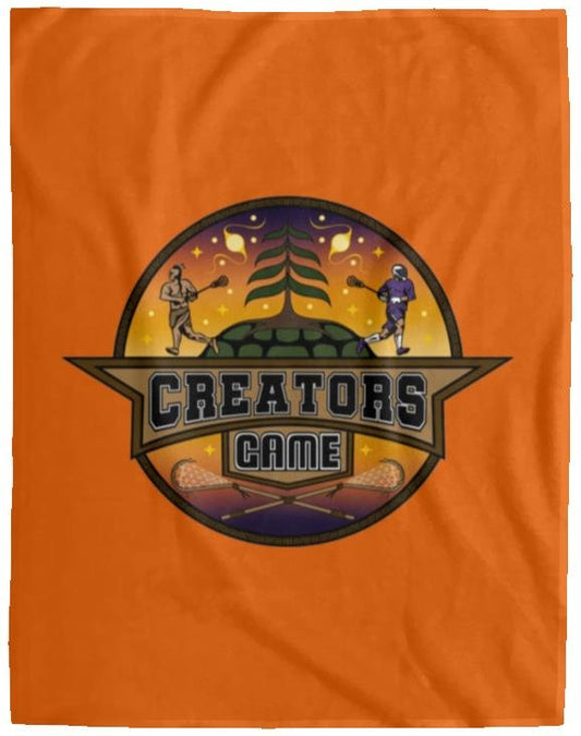 Creators Game Light Cozy Plush Fleece Blanket (Queen) with lacrosse design, orange background.